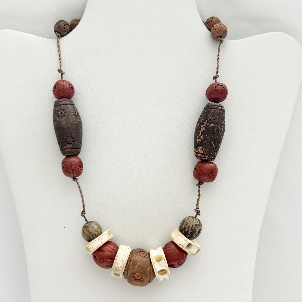 Vintage Carved Wood Clay Bone Bead Necklace